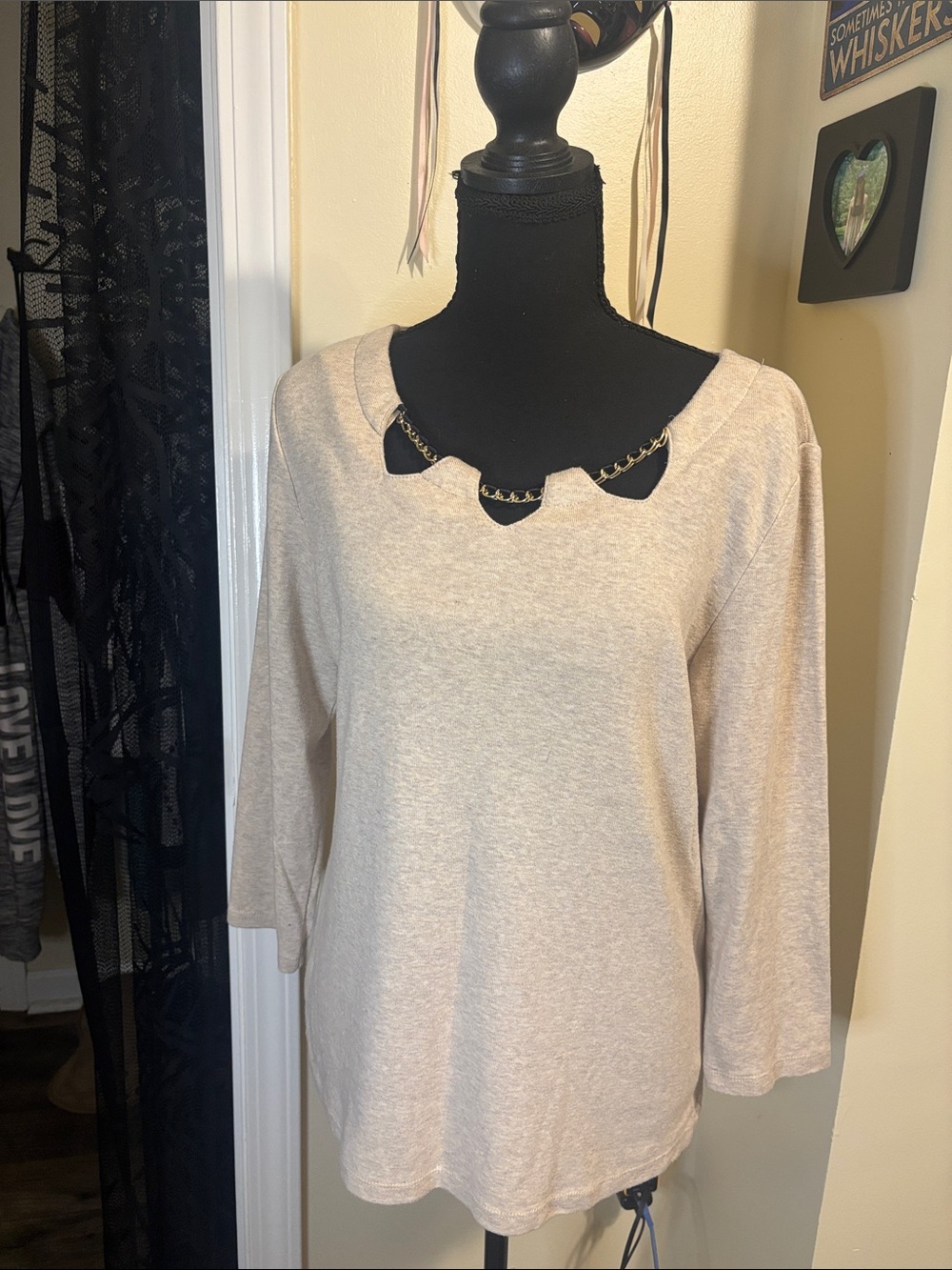 Rafaella Beige Scoop Neck Pullover with Chain Trim